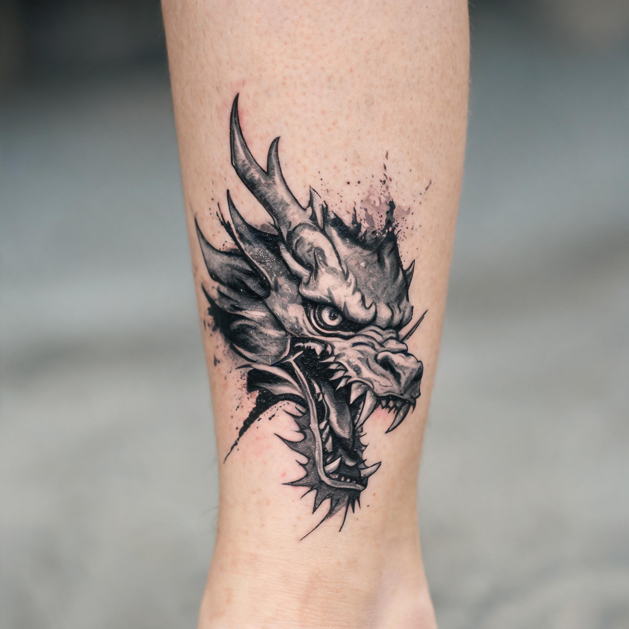 A black and grey European dragon head tattoo design in trash polka style, shown on a shin against a neutral background as a tattoo image.