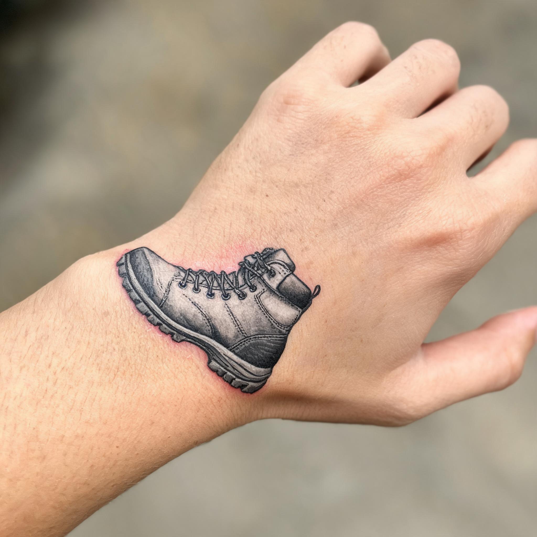 A hiking boots tattoo image design in colour realism, shown on a wrist against a clean neutral background as a tattoo photo.
