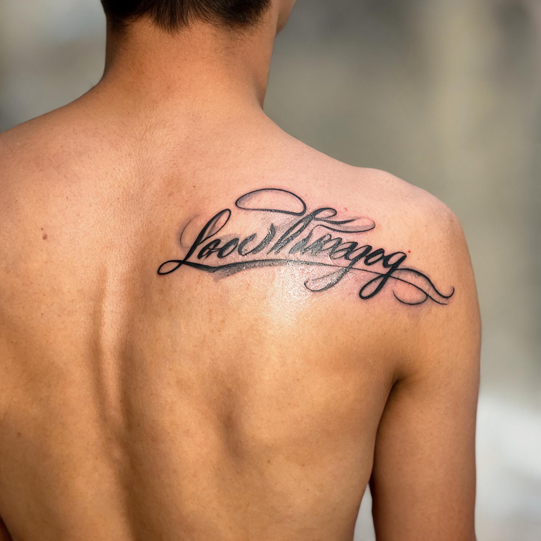Lavender sprig tattoo image in elegant calligraphy script, black and grey ink on a shoulder blade against a clean neutral background.