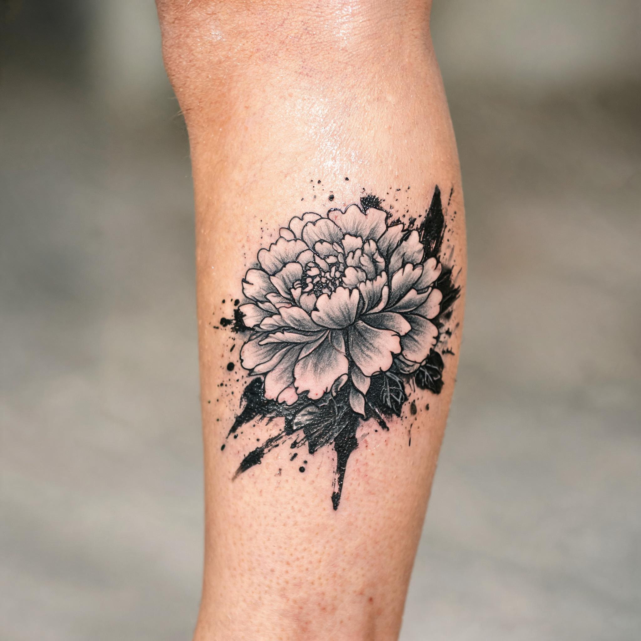A marigold flower tattoo design in trash polka style, tattooed on a calf and shown on a plain background as a tattoo image.