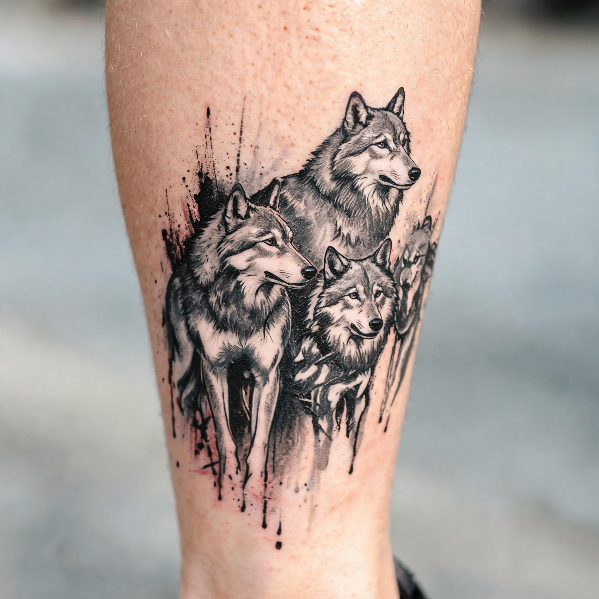 Black and grey trash polka wolf pack tattoo image on a calf, shown on real skin against a neutral background.