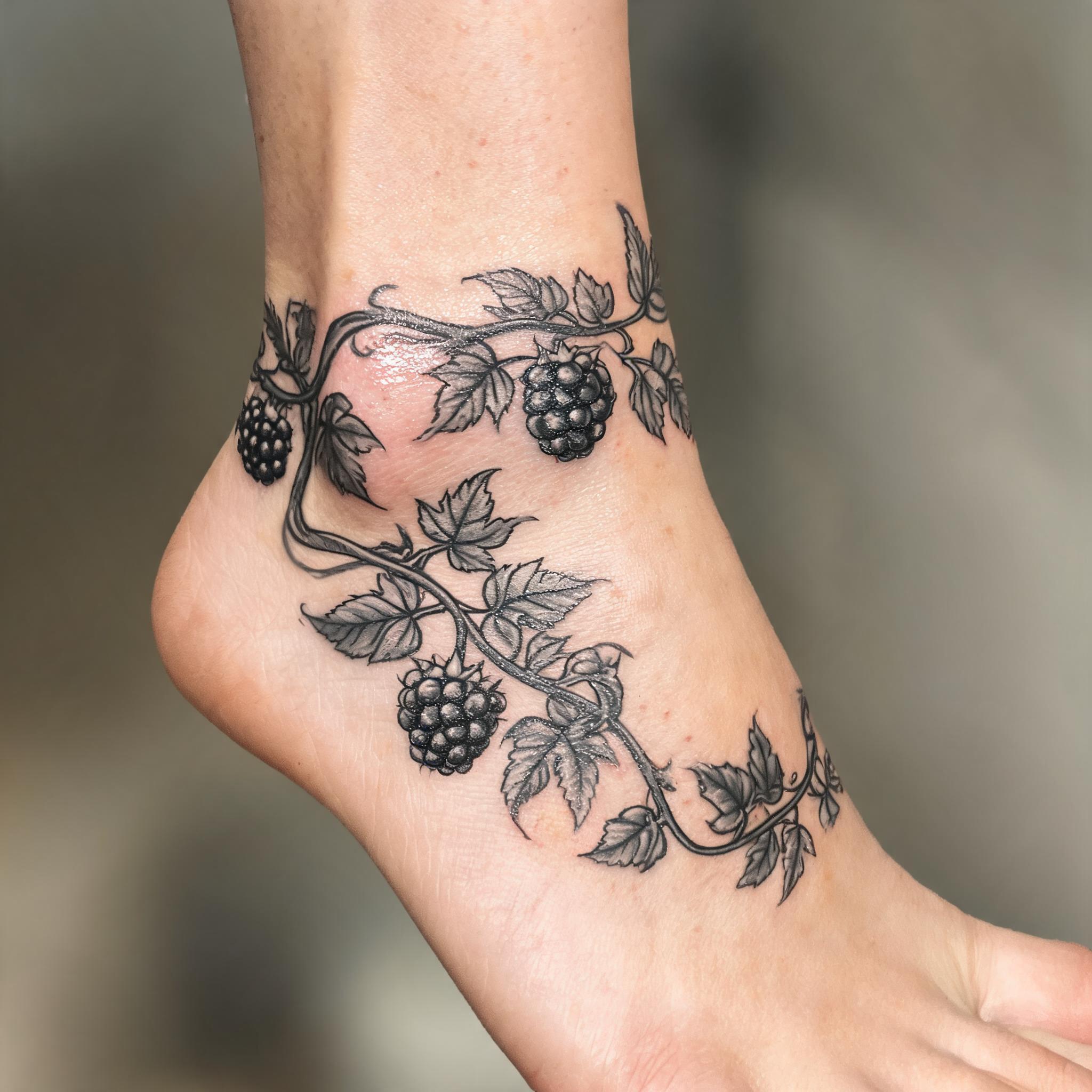 A blackberry vine tattoo image design in neo-traditional style inked on an ankle, shown on white.