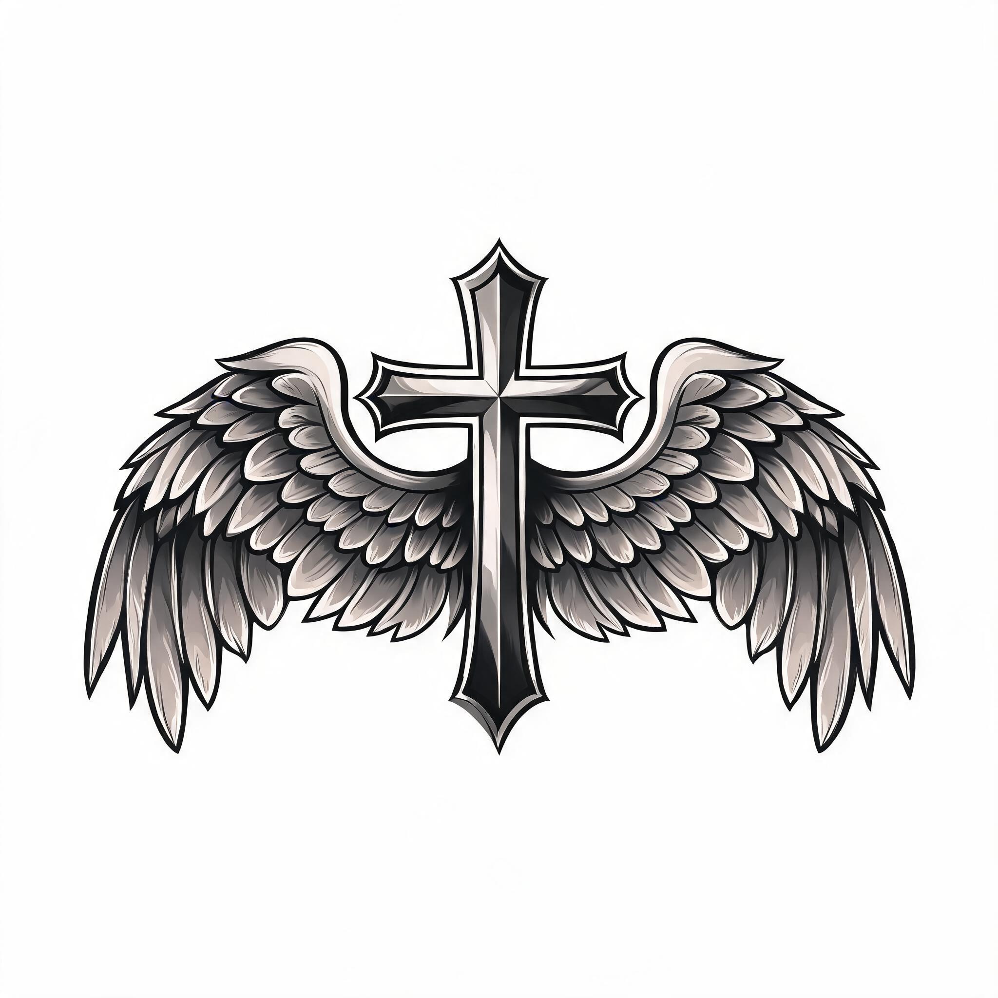 A neo-traditional tattoo image of a cross and wings in black and grey ink, centred on a plain white background.