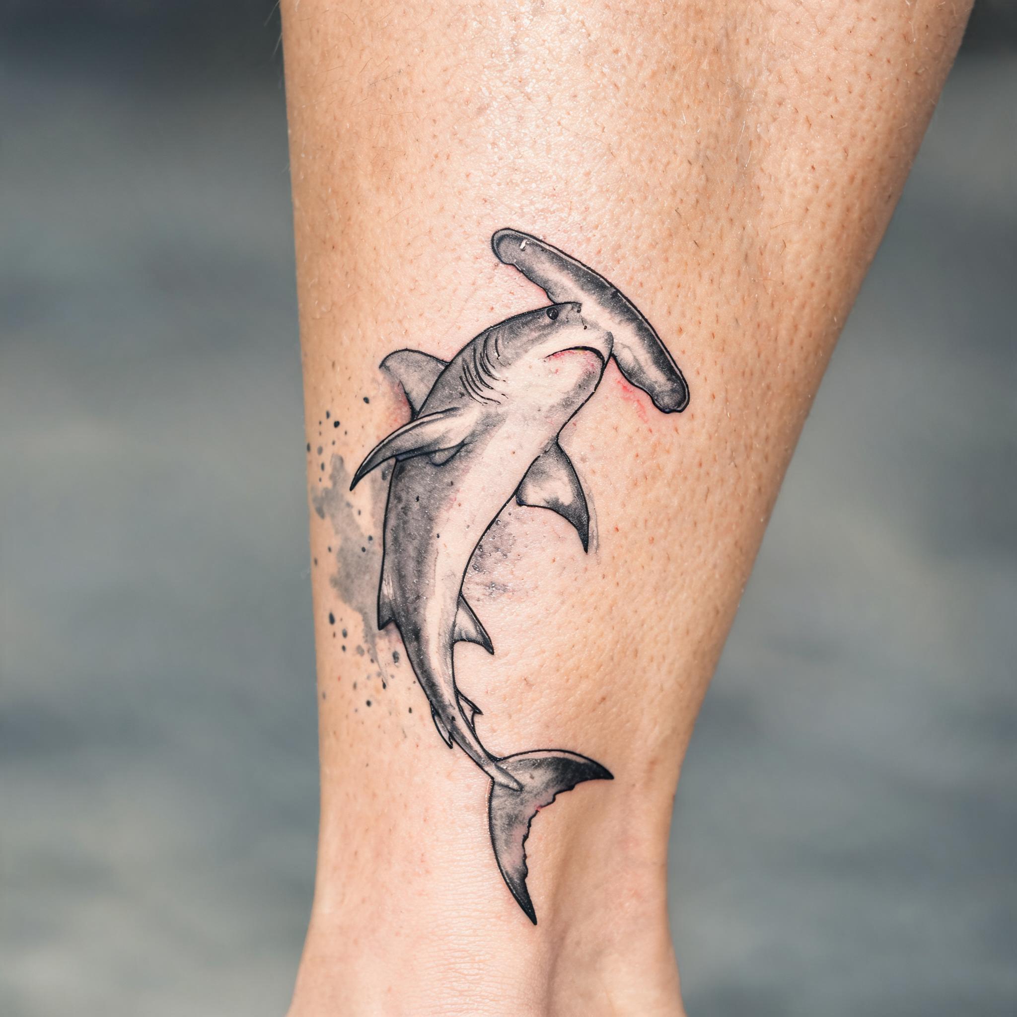 A black-and-grey watercolor hammerhead shark tattoo on a calf, shown on skin against a neutral background as a tattoo image.
