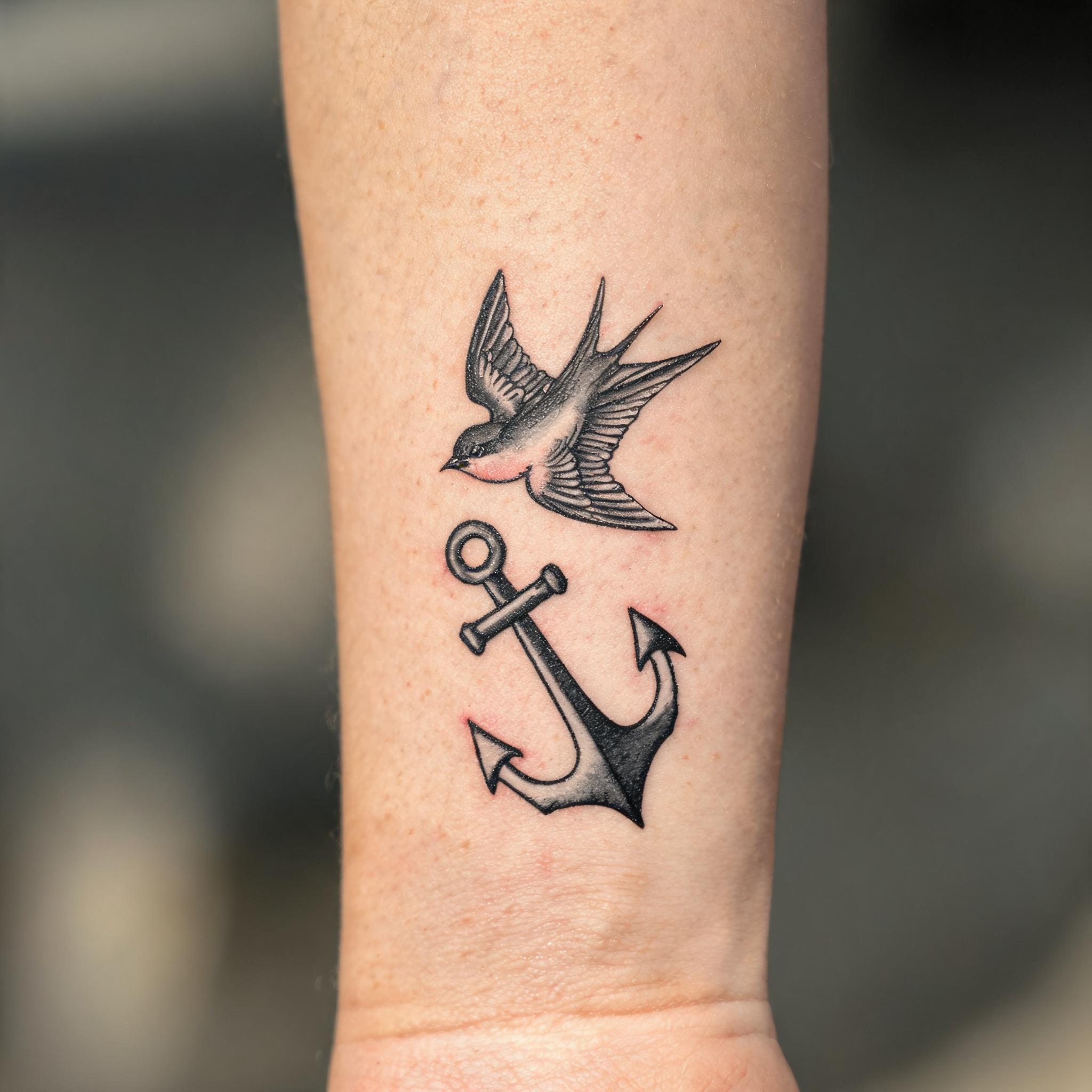 Black and grey realistic tattoo of a swallow and anchor on a person's inner forearm, shown on natural skin against a neutral background.