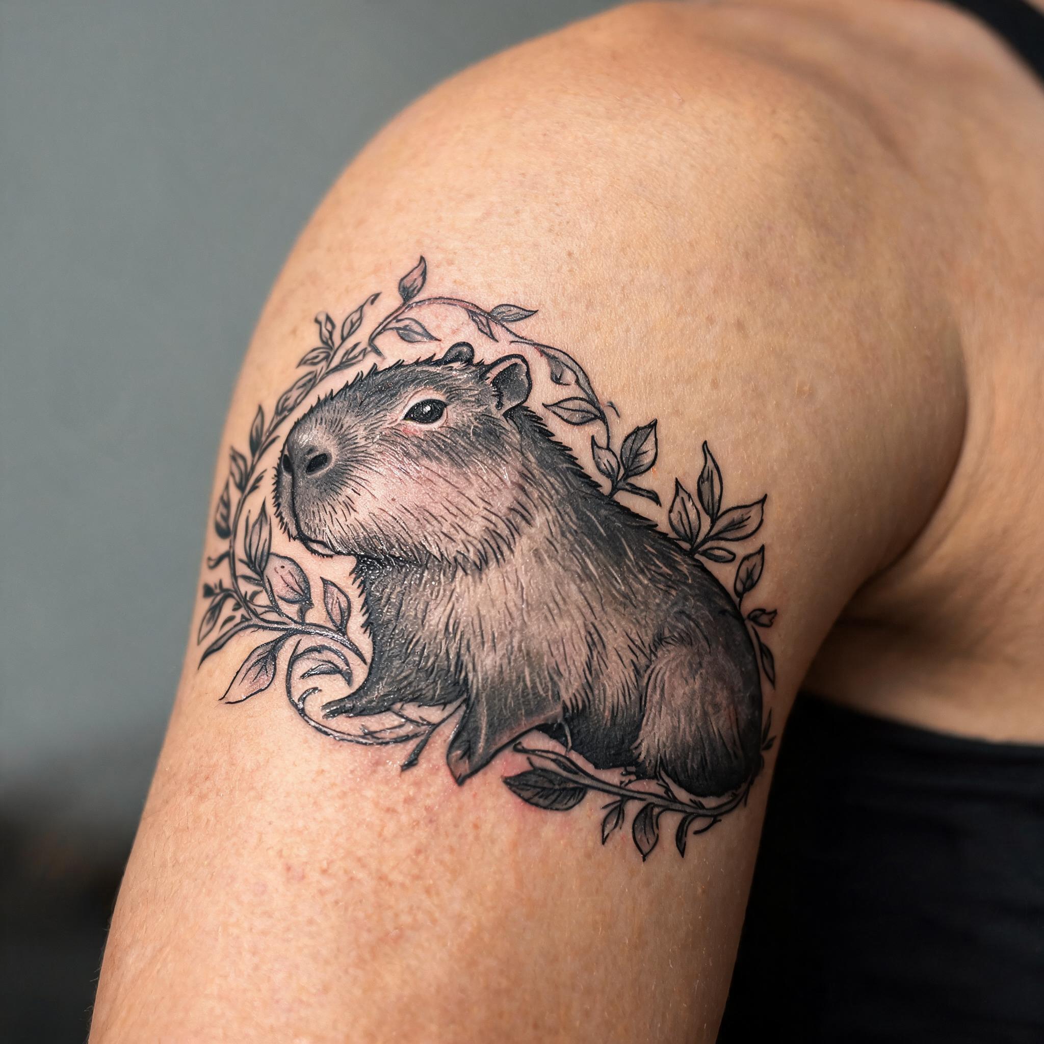 Black-and-grey neo-traditional capybara tattoo on the inner bicep, shown in a close-up photo on natural skin.