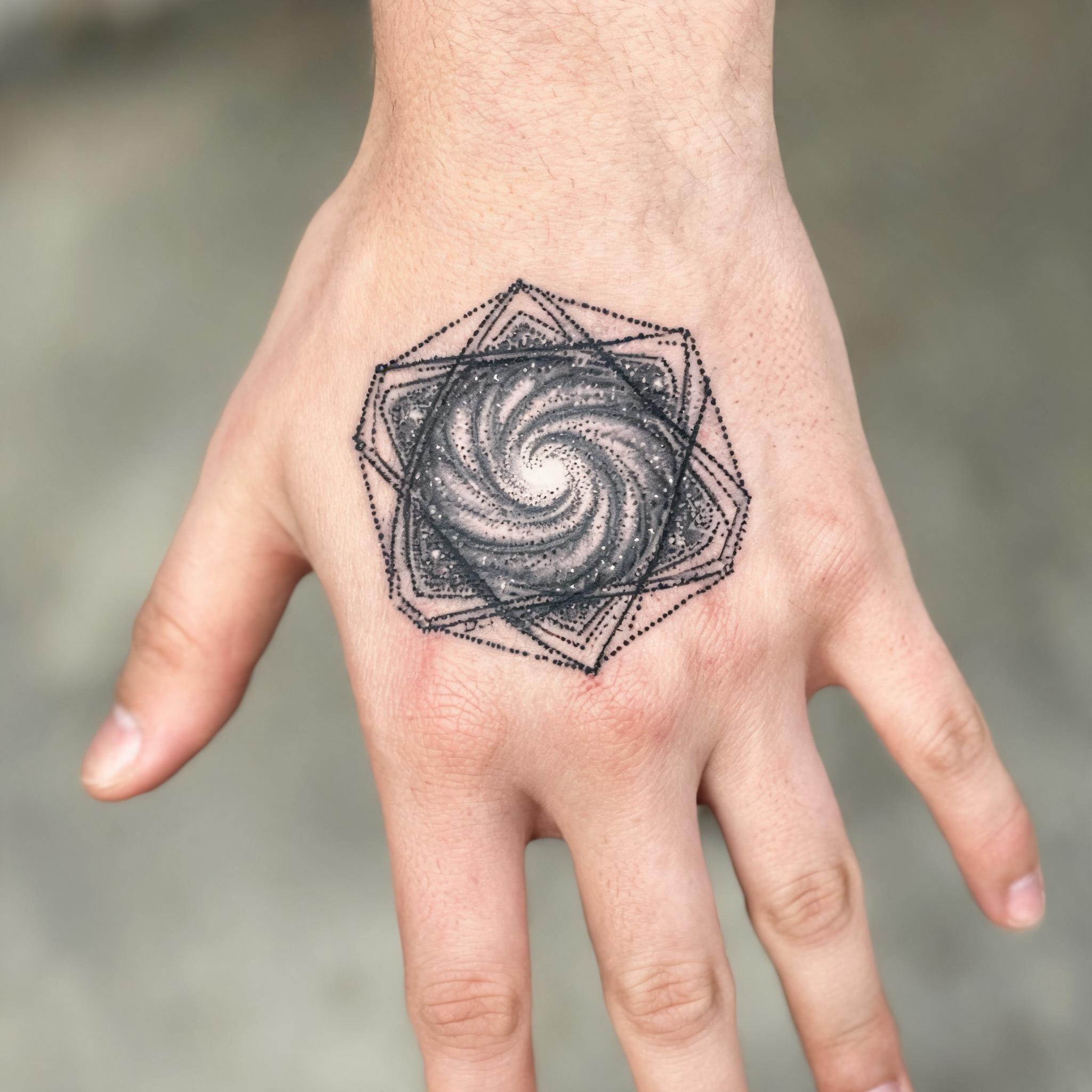 A black and grey galaxy spiral tattoo image design in geometric dotwork, shown on the back of a hand against a plain background.