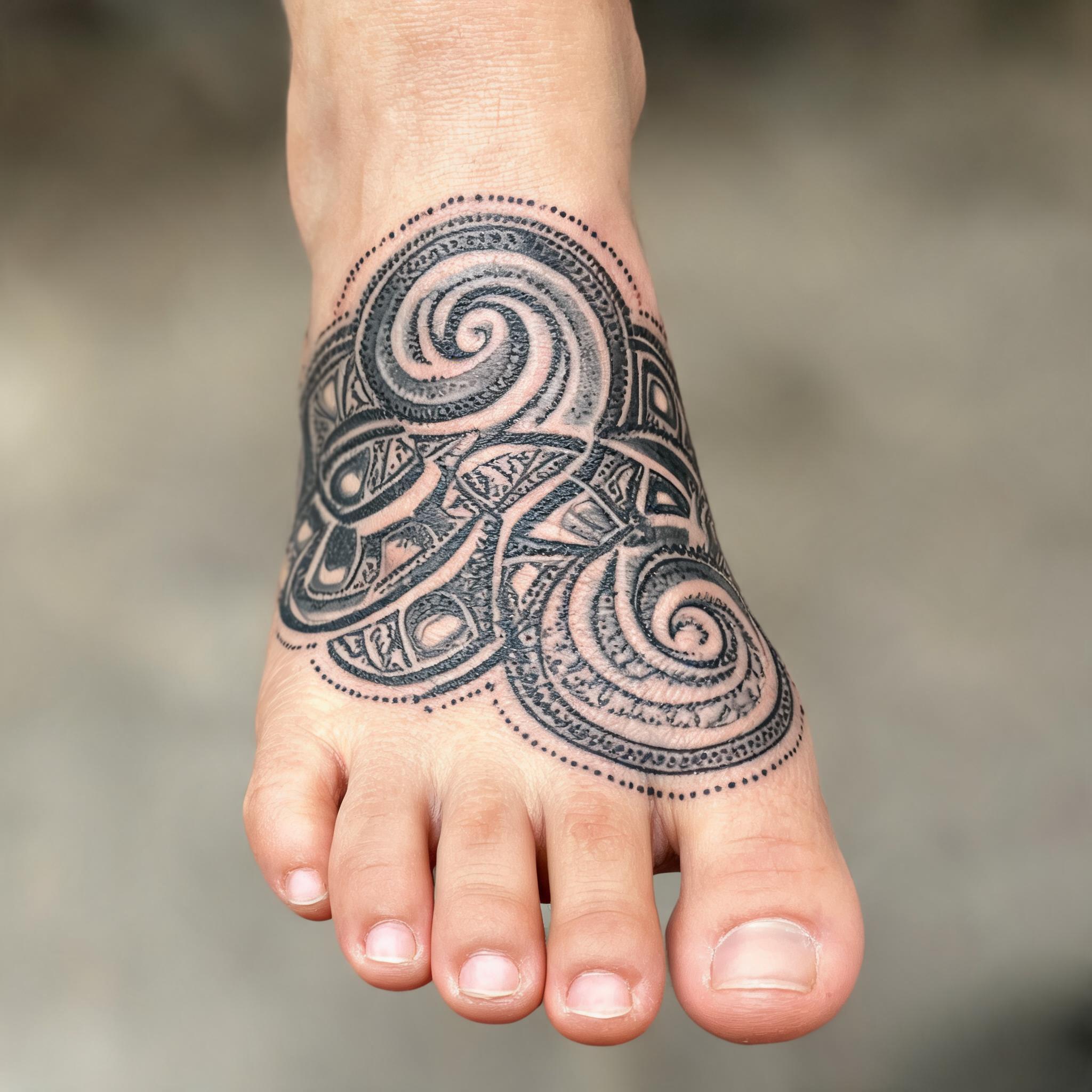 A black and grey Maori koru tattoo design on the top of a foot, shown in a close-up photo against a neutral background.