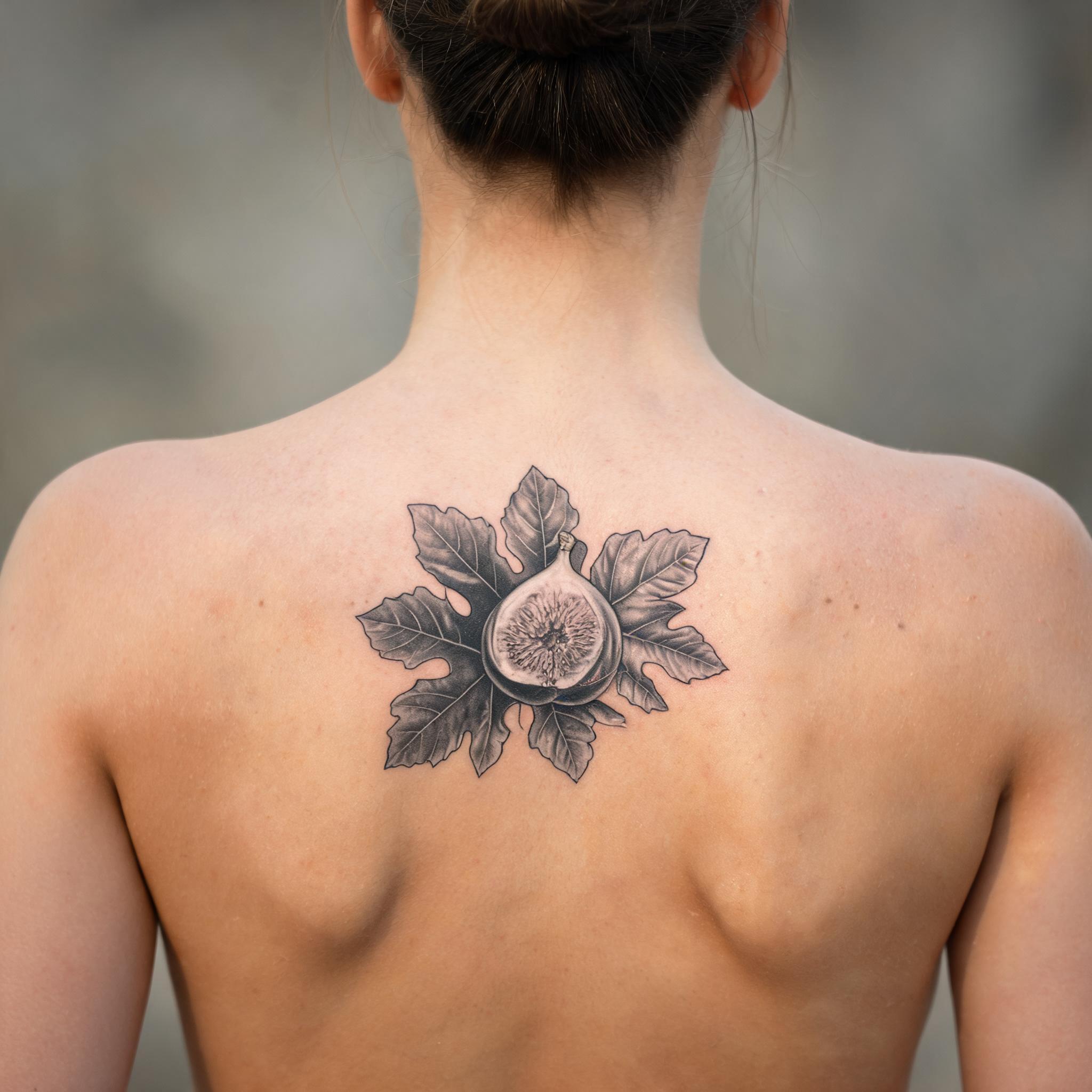 A black and grey realism fig fruit tattoo image design on a person's upper back, shown against a plain background.