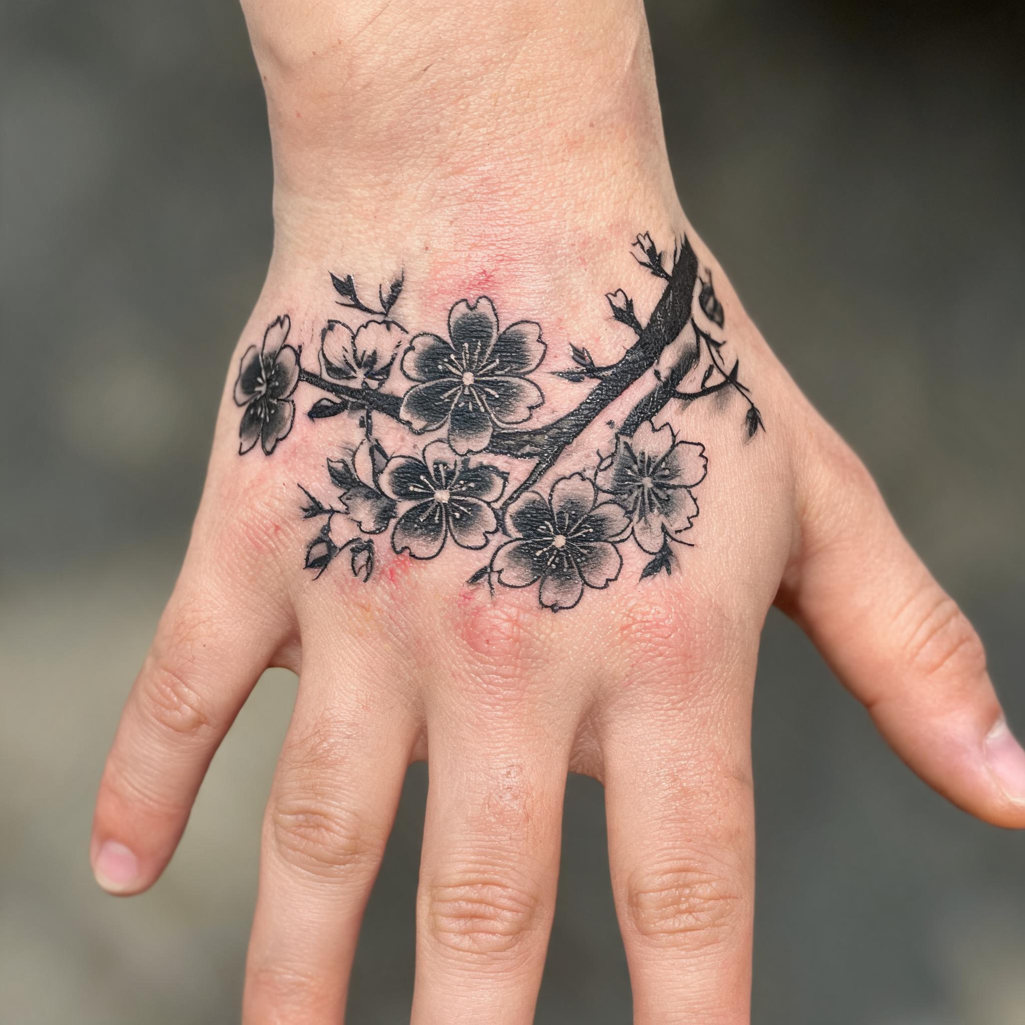 Blackwork japanese cherry blossom tattoo design on the back of a hand, shown in close-up on a neutral background.