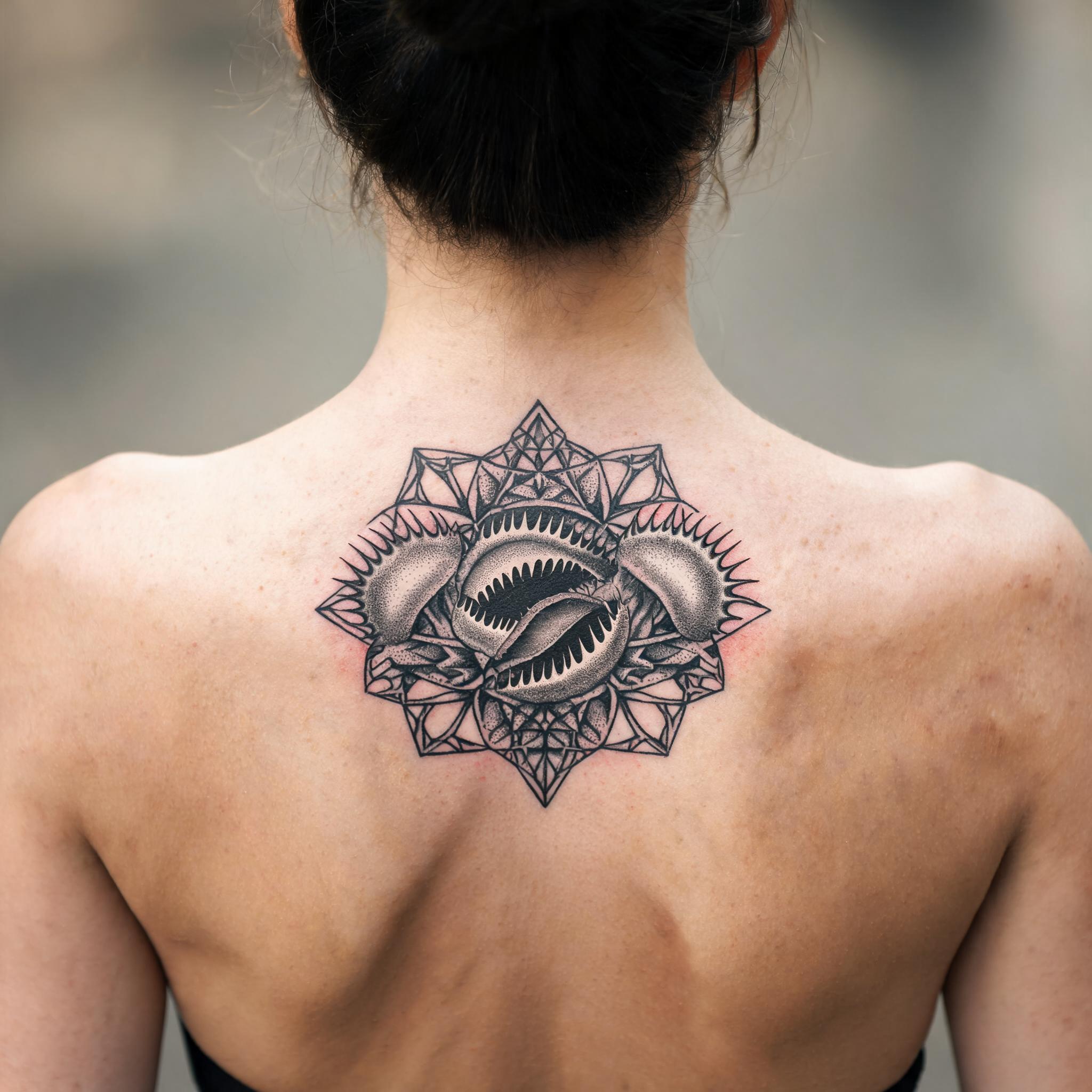 A geometric dotwork venus flytrap tattoo image design on an upper back, shown in black and grey on realistic skin.