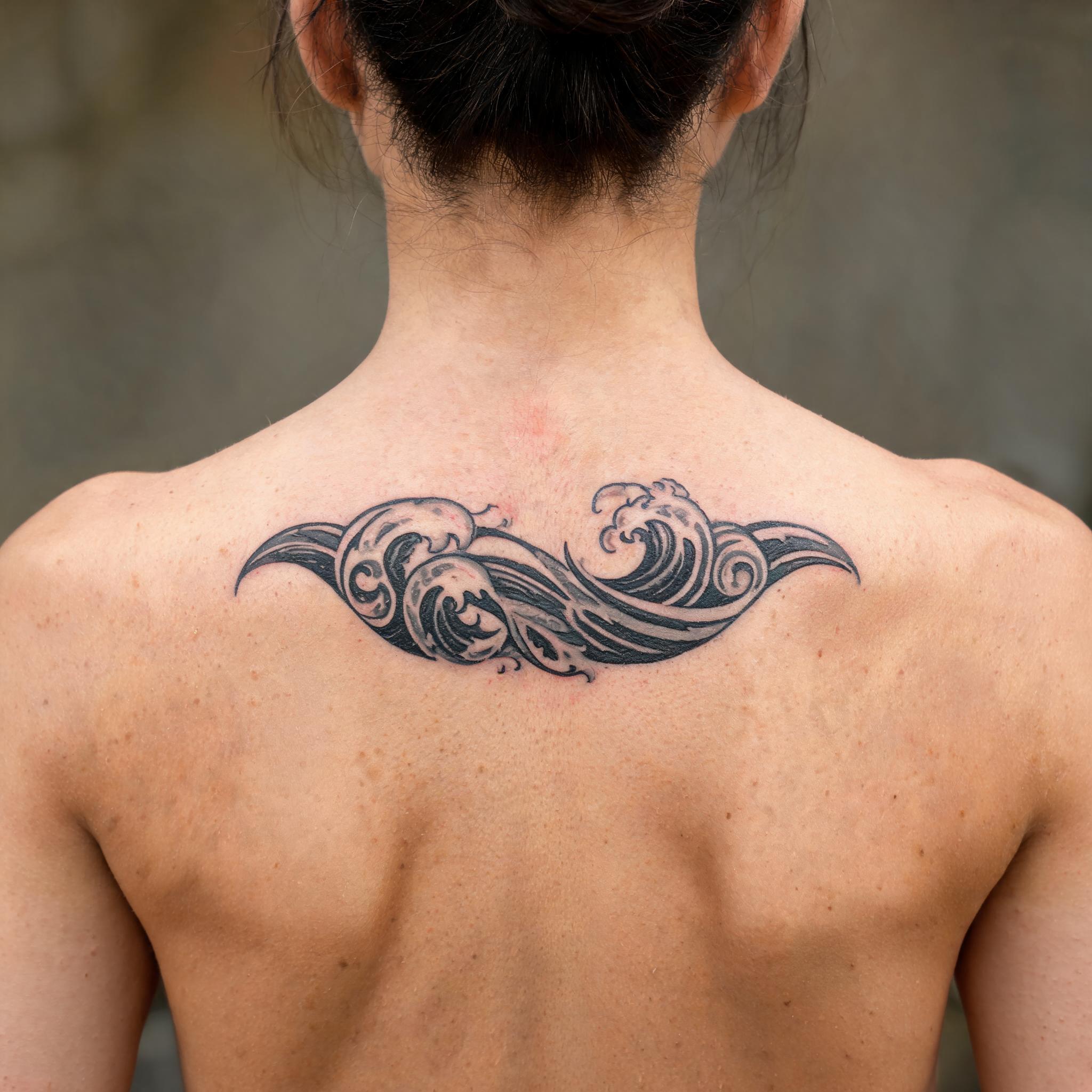 A Polynesian wave tattoo design in black-and-grey realism, shown on a person's upper back against a white background as a tattoo image.