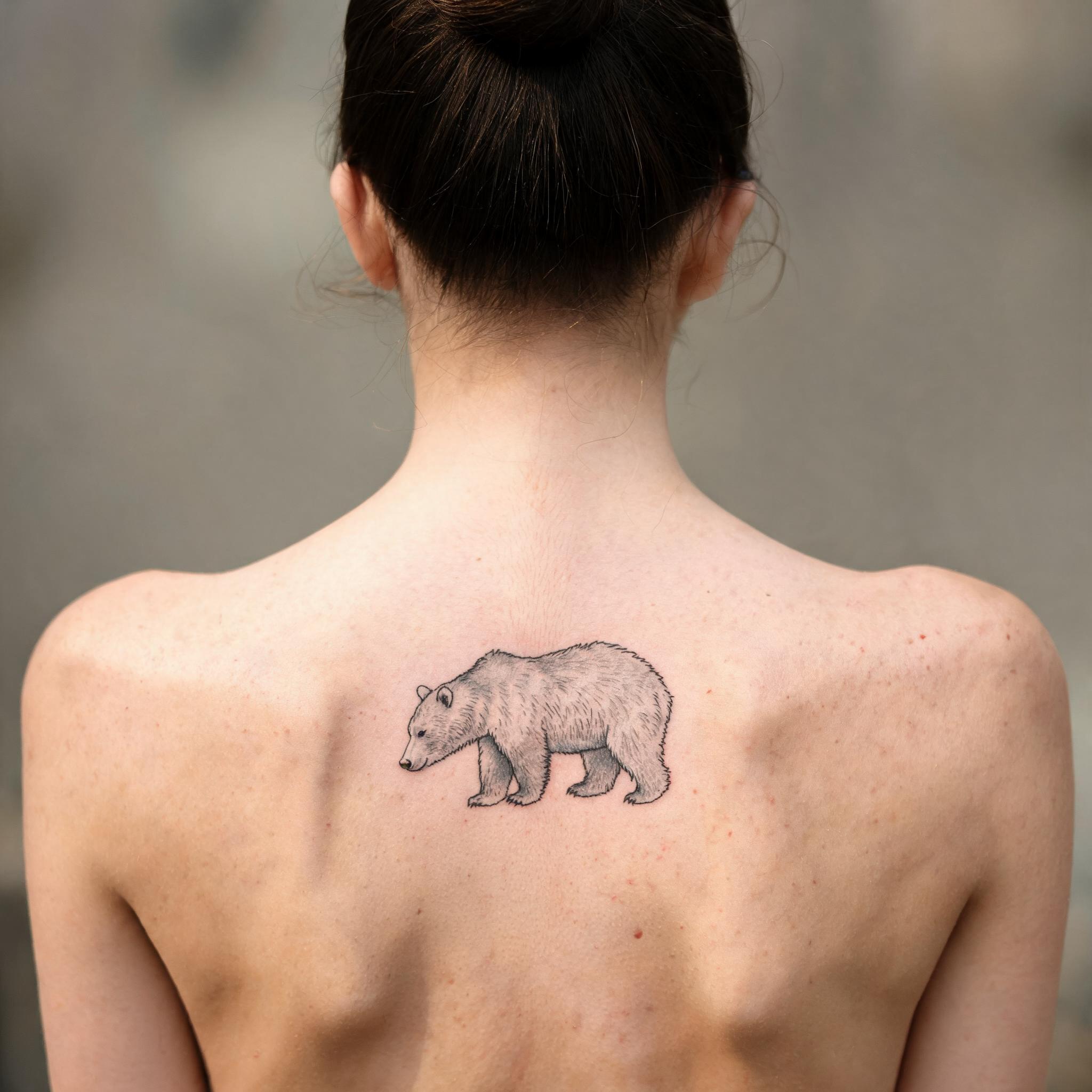 A fine line grizzly bear silhouette tattoo on the upper back, shown on skin against a plain background as a tattoo image.