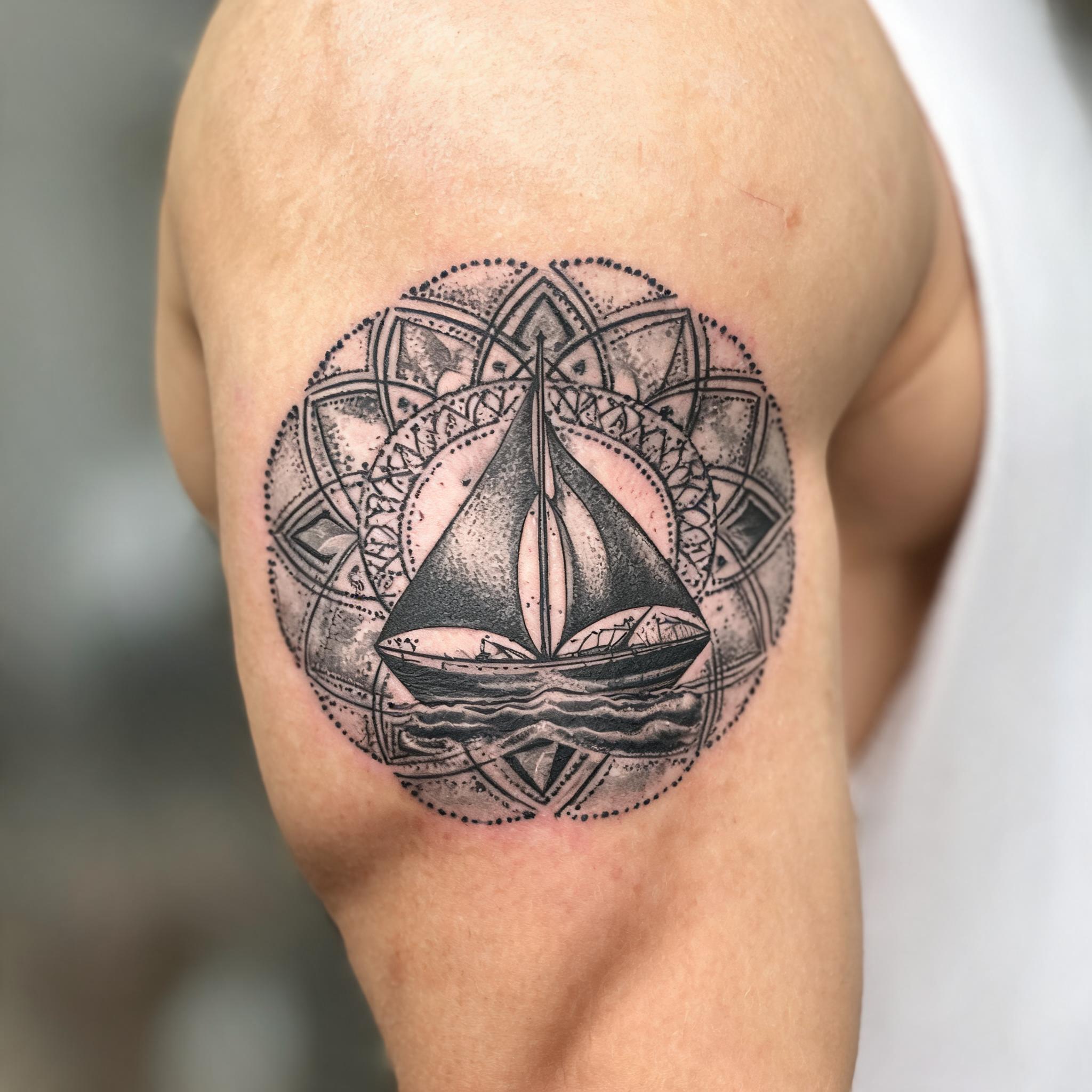 A black and grey geometric sailboat tattoo image design on the outer upper arm, shown against a clean neutral background.