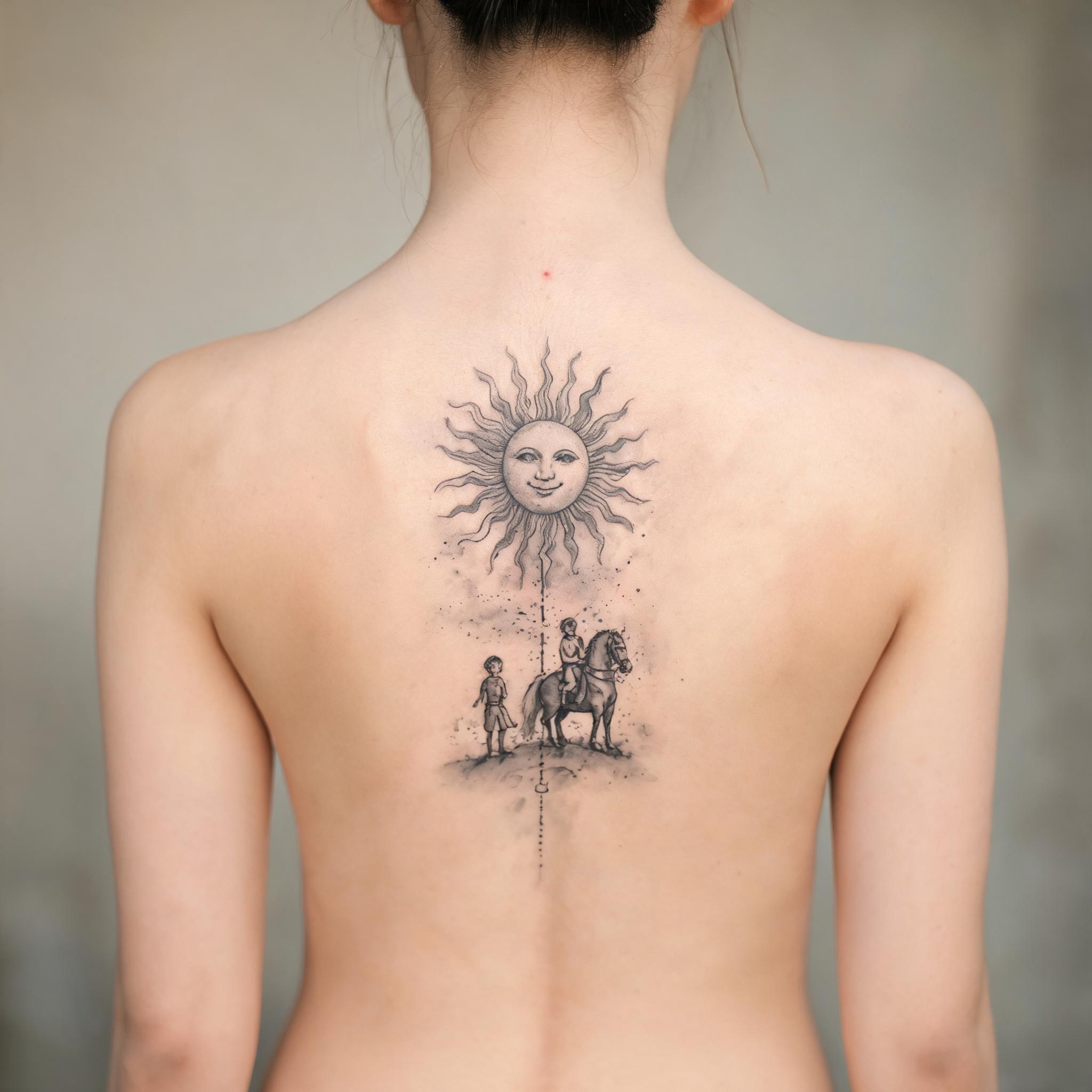 A watercolor tarot Sun card tattoo image design in black and grey ink, shown on a spine against a neutral background.