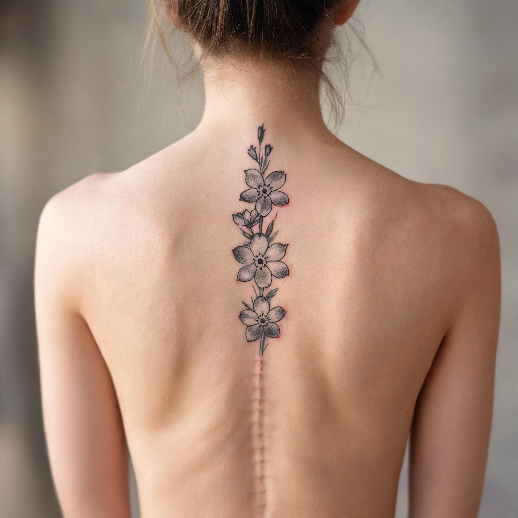 A minimalist forget-me-not flower tattoo image in black and grey ink, shown on a person's spine against a plain neutral background.