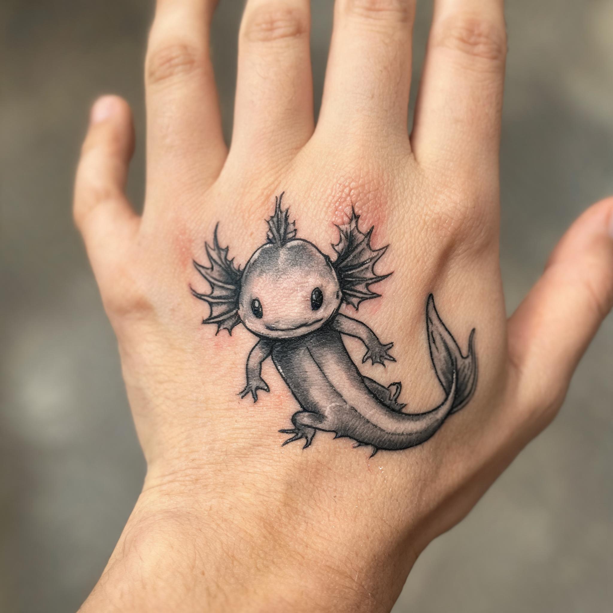 A black-and-grey axolotl tattoo on the back of a hand, shown in close-up against a neutral background.