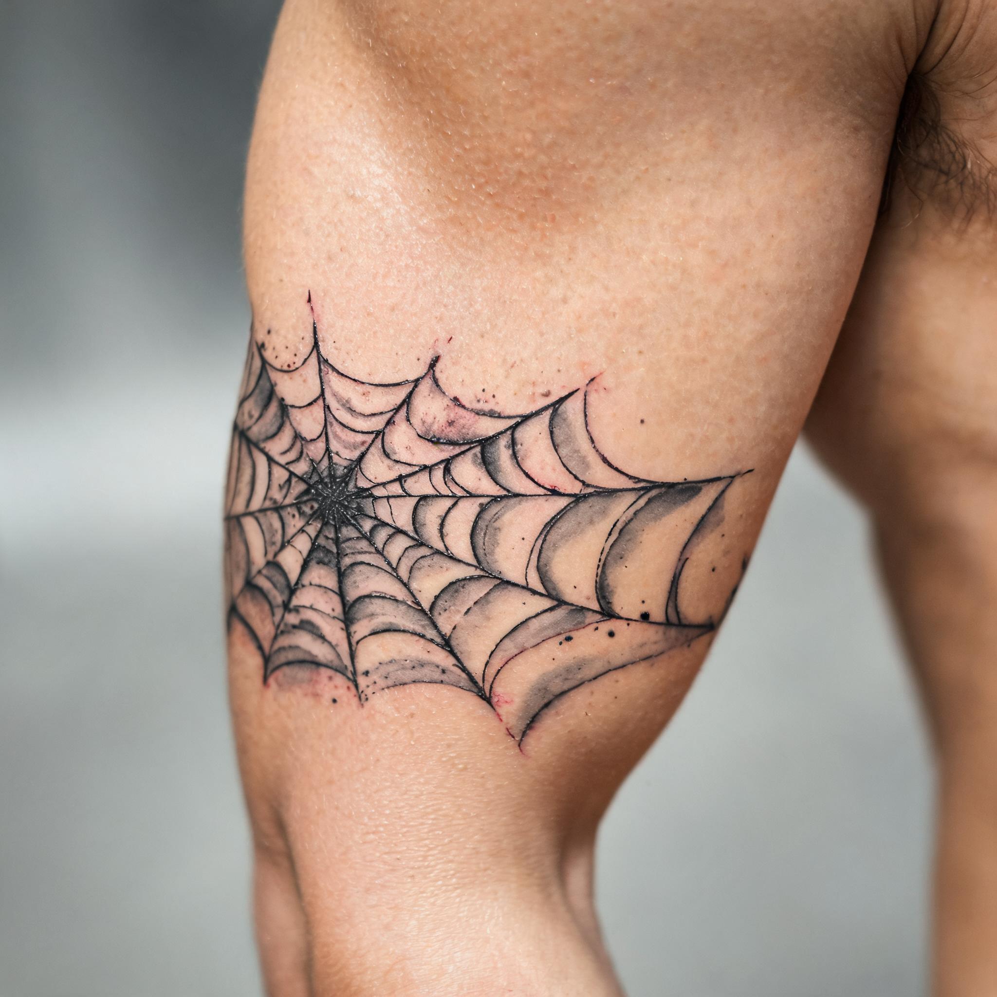 A black and grey watercolor spider web tattoo design on the outer upper arm, shown on a neutral background.