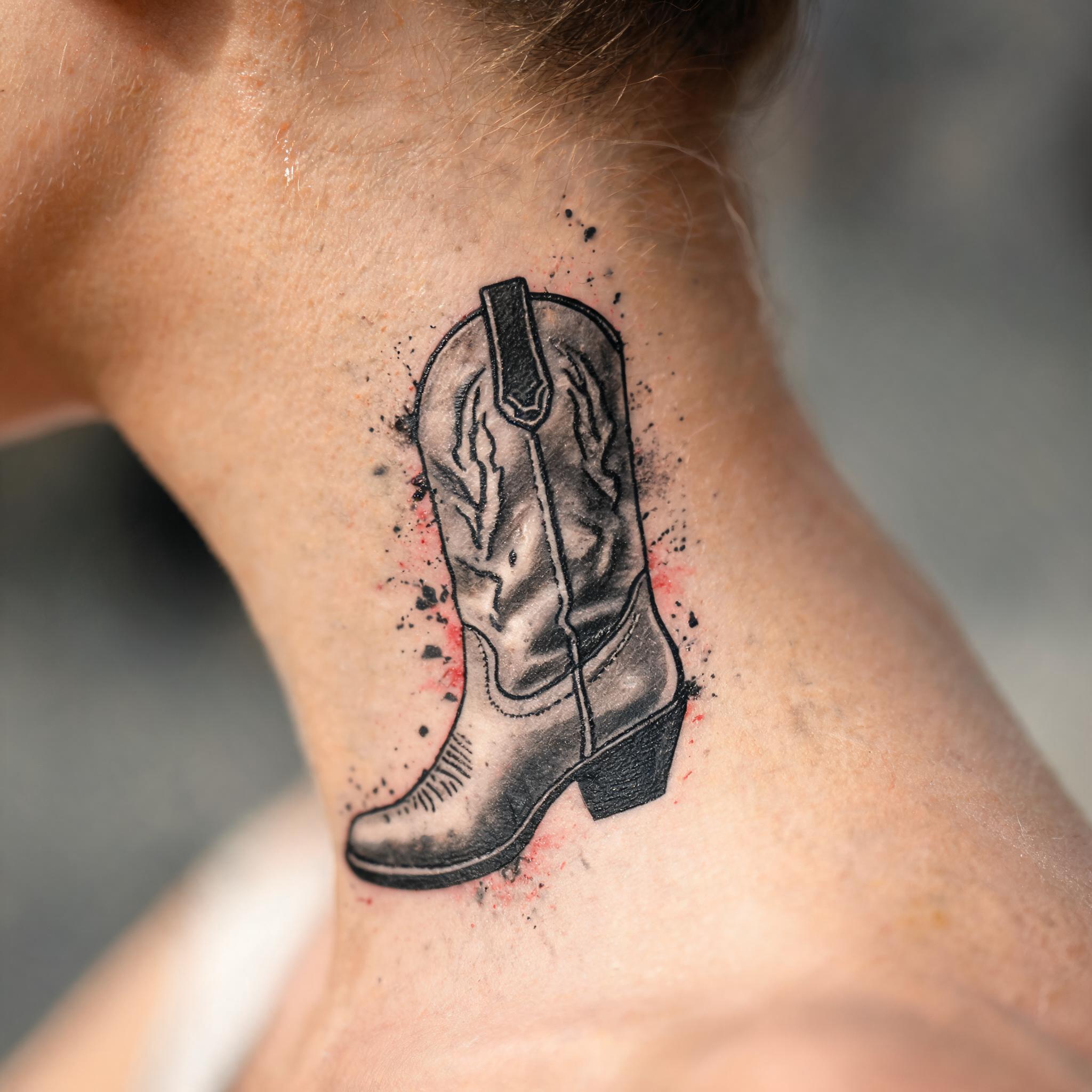 A trash polka cowboy boot tattoo design on a person's neck, shown in black and grey ink against a plain background.