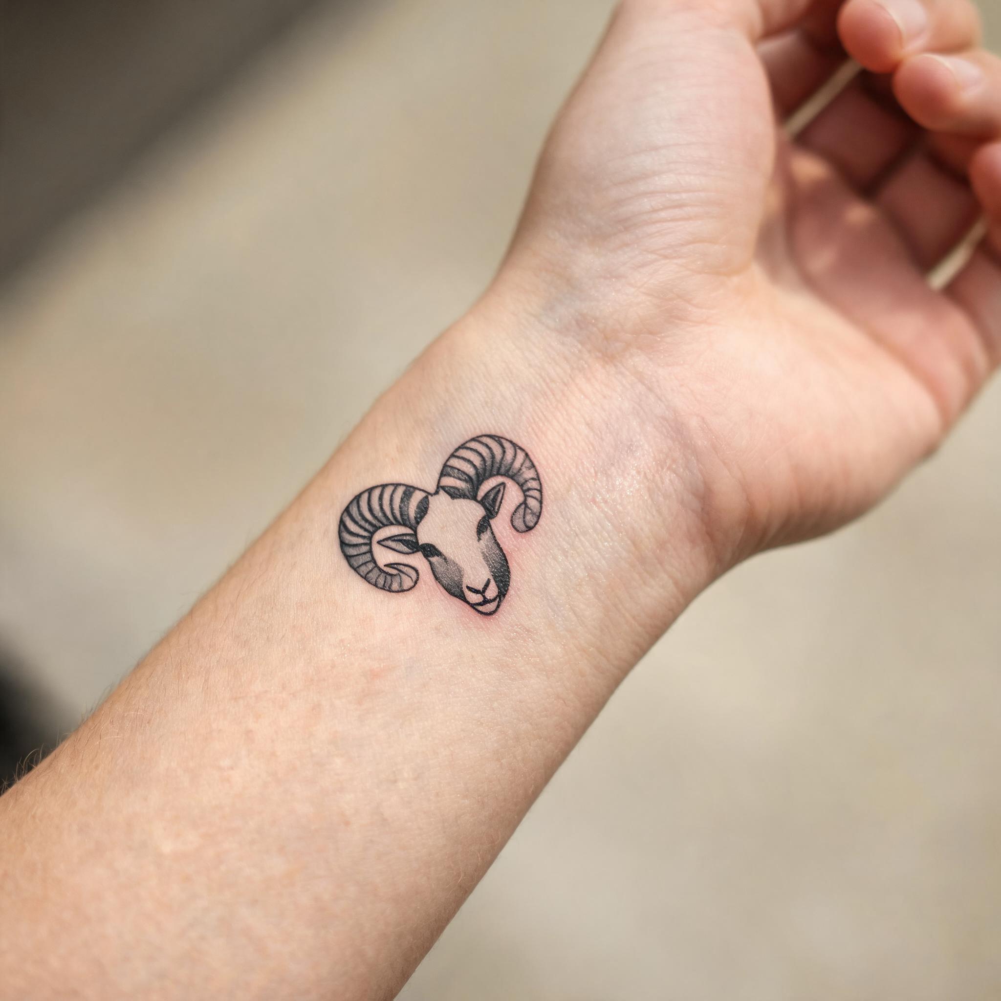 A minimalist black-and-grey Aries ram tattoo on a wrist, shown on natural skin against a neutral background in editorial close-up.