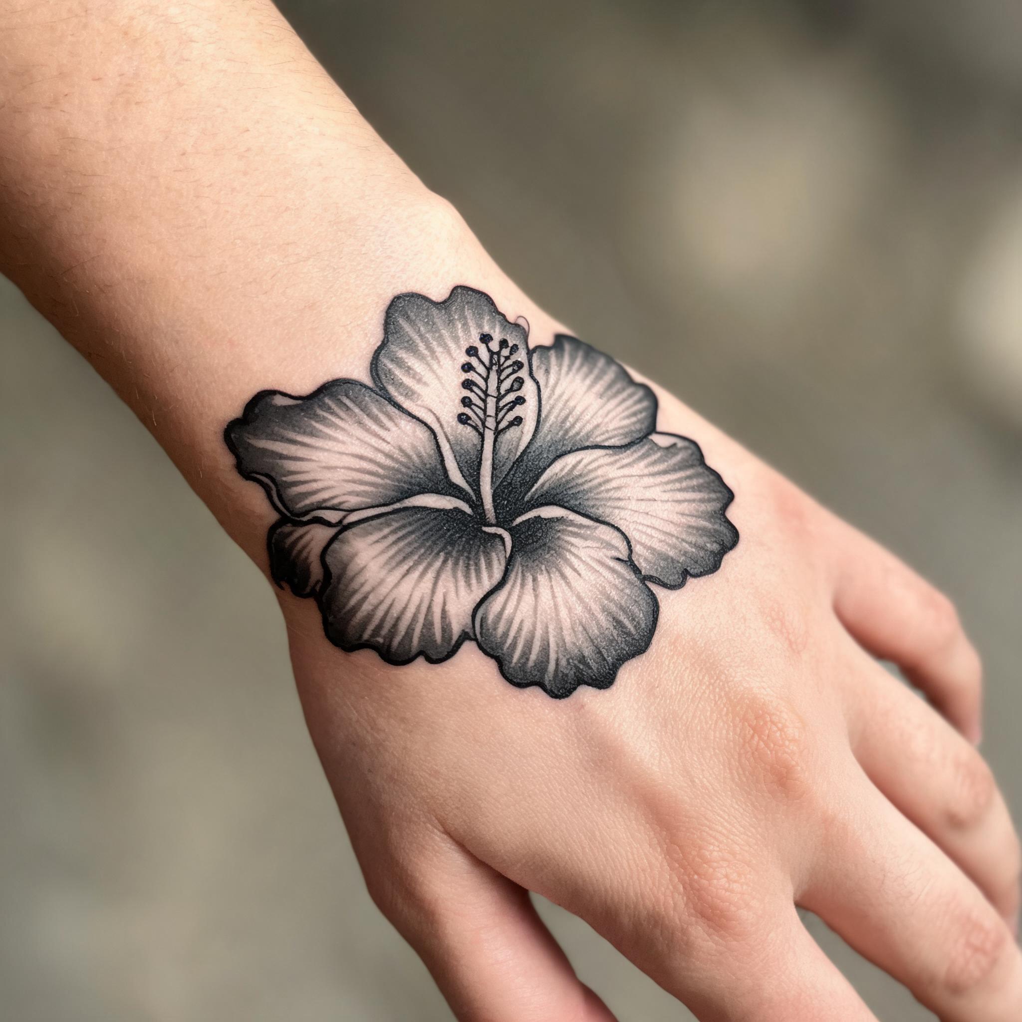 A black-and-grey American traditional hibiscus flower tattoo on a wrist, shown in a close-up photo with realistic skin.