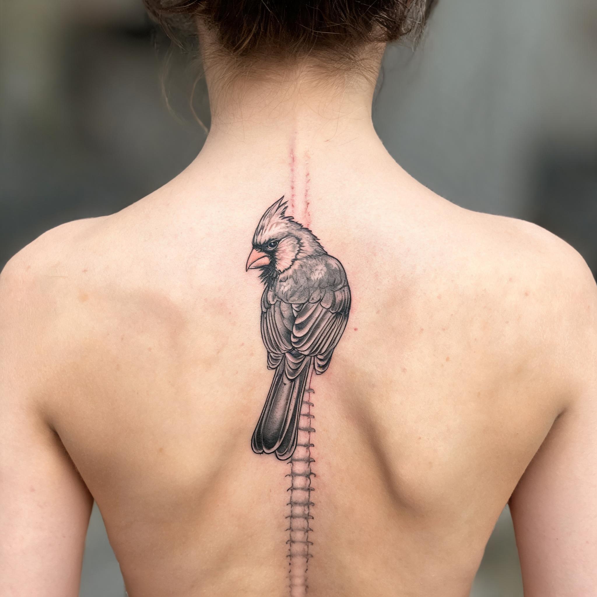 A neo-traditional cardinal bird tattoo image design in black and grey ink, shown on a spine-centred back against a plain background.