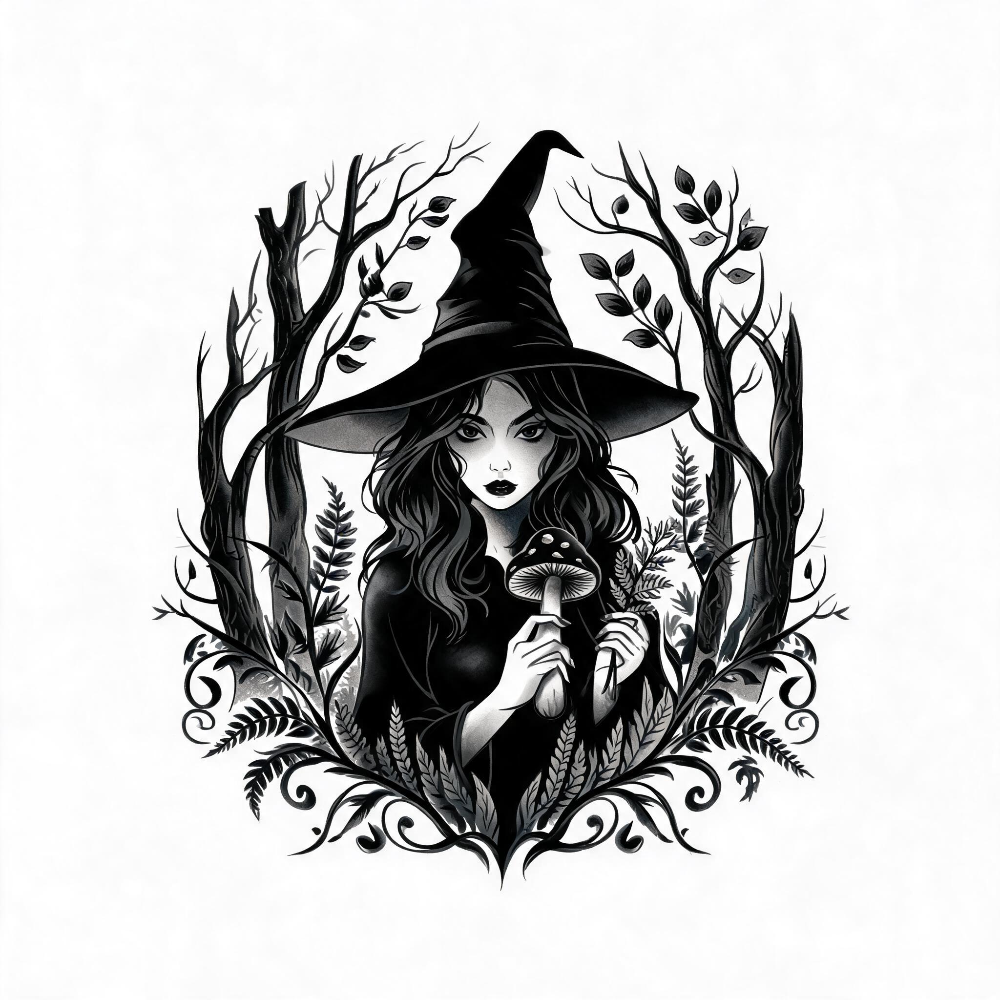 Blackwork tattoo image of a forest witch, shown as bold black-ink linework with greywash shading on a plain white background.