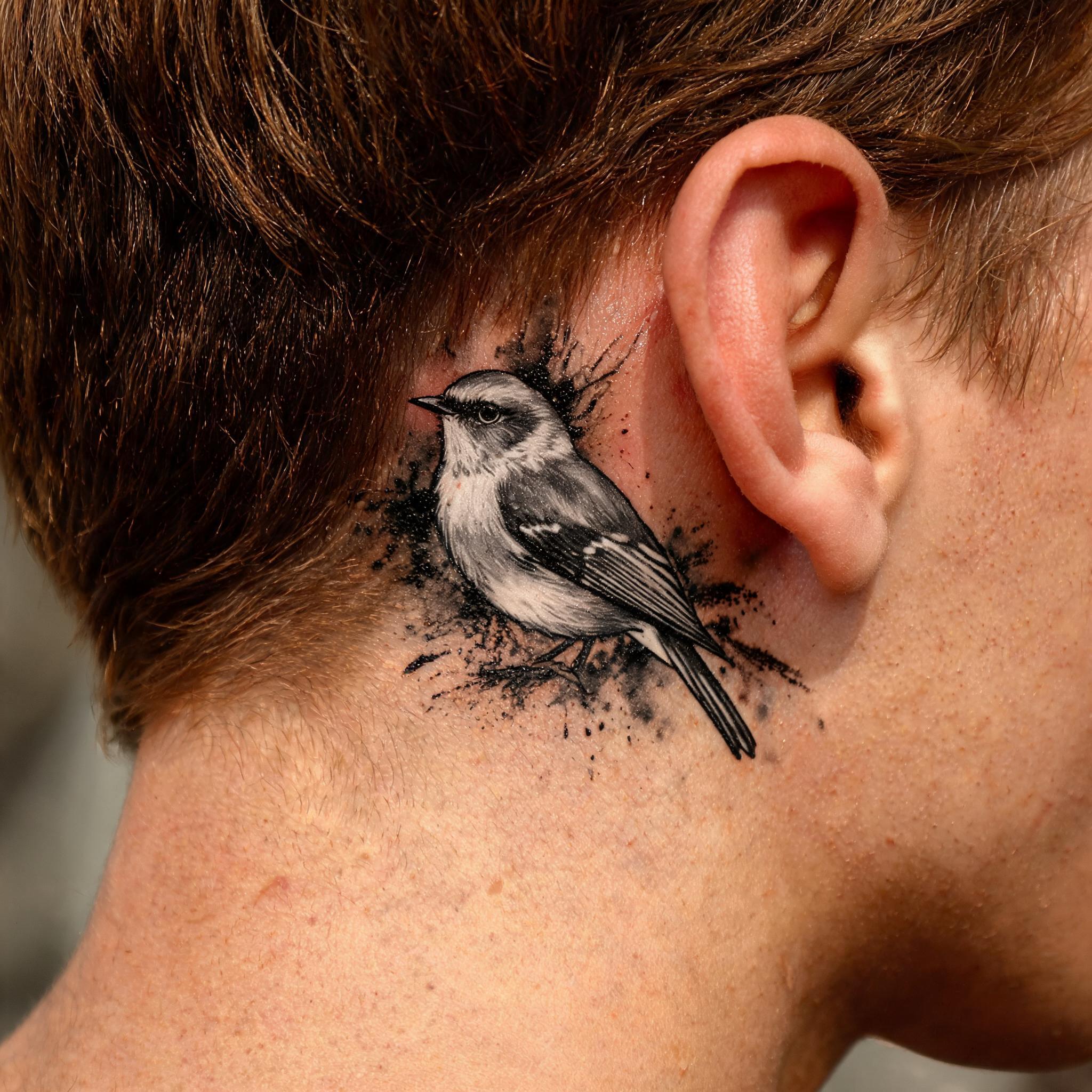 A black and grey robin bird tattoo image design in trash polka style shown behind the ear on a white background.