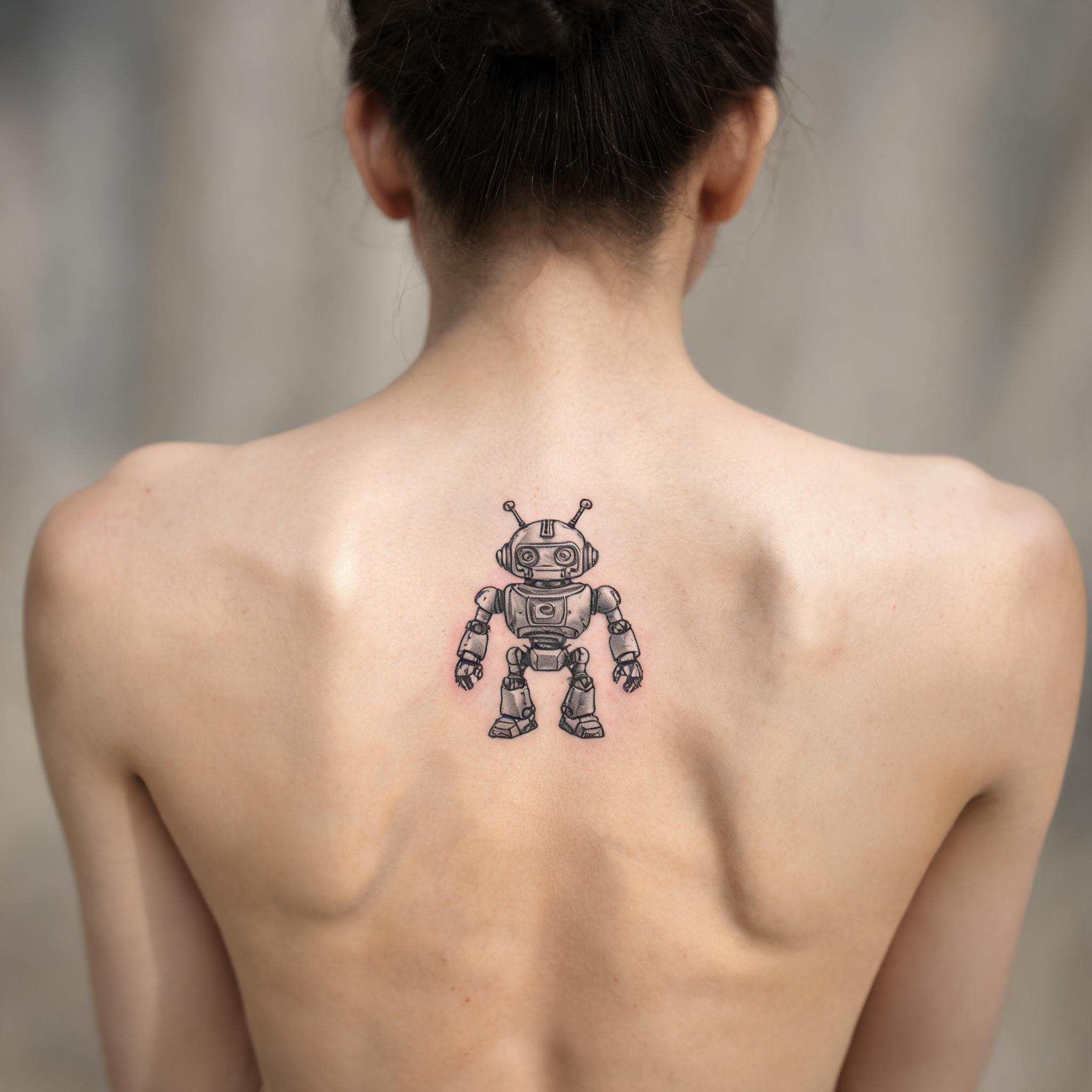 Illustrative black-and-grey robot tattoo on a person's upper back, shown on realistic skin against a neutral background.